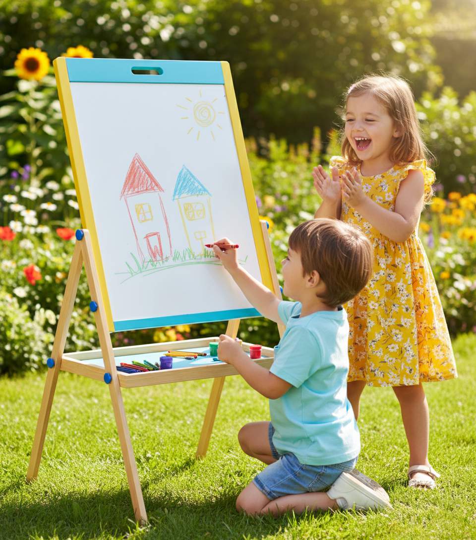 Spartan Kids 3-in-1 Wooden Art Easel Board for Kids | Whiteboard, Chalkboard & Magnetic Board | Adjustable Height | Complete Art Set
