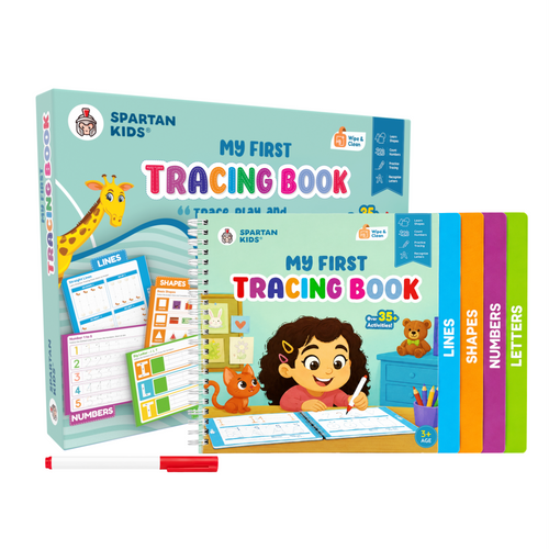 Spartan Kids My First Tracing Book for Kids Age 3+ | Reusable Wipe & Clean Practice Book with Marker | Learn Letters, Numbers, Shapes & Lines | Early Learning & Handwriting Activity Book for Preschoolers
