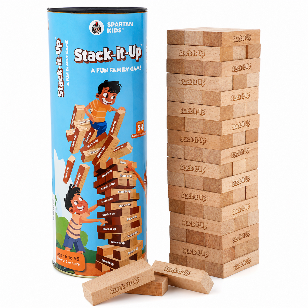 Stack-It-Up Wooden Blocks Game for Kids & Adults, 54 Piece Tumbling Tower, Indoor Family Board Game, Balancing & Building Blocks, Brain Games for Age 6+ Years