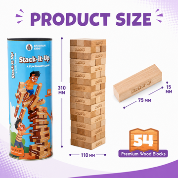 Stack-It-Up Wooden Blocks Game for Kids & Adults, 54 Piece Tumbling Tower, Indoor Family Board Game, Balancing & Building Blocks, Brain Games for Age 6+ Years