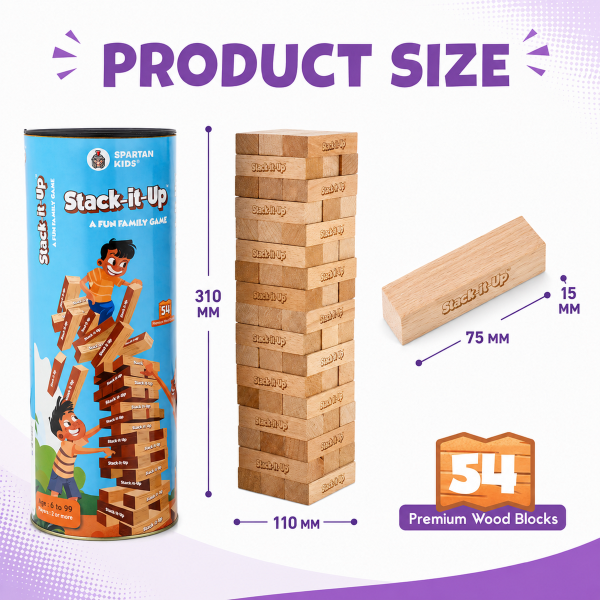 Stack-It-Up Wooden Blocks Game for Kids & Adults, 54 Piece Tumbling Tower, Indoor Family Board Game, Balancing & Building Blocks, Brain Games for Age 6+ Years