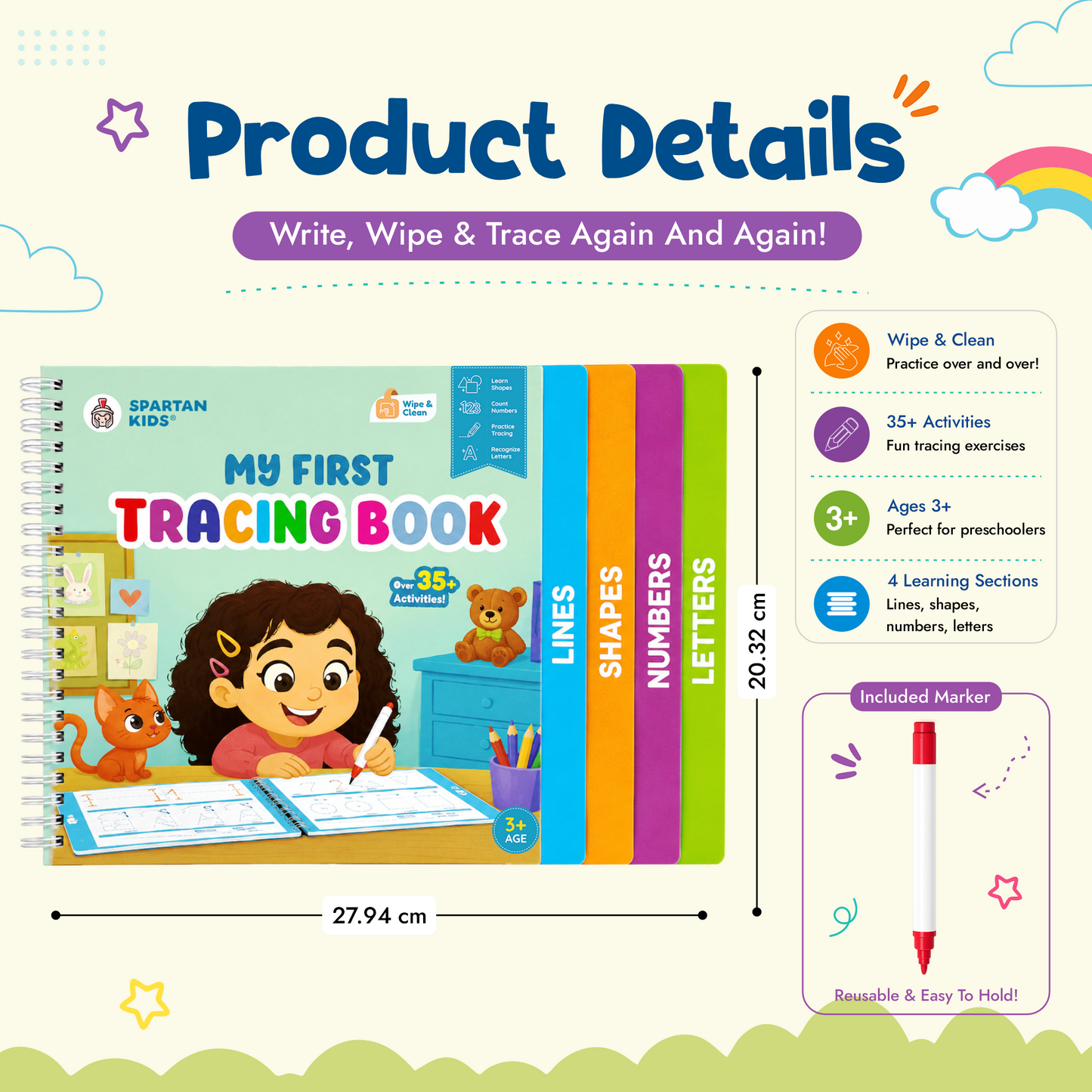 Spartan Kids My First Tracing Book for Kids Age 3+ | Reusable Wipe & Clean Practice Book with Marker | Learn Letters, Numbers, Shapes & Lines | Early Learning & Handwriting Activity Book for Preschoolers
