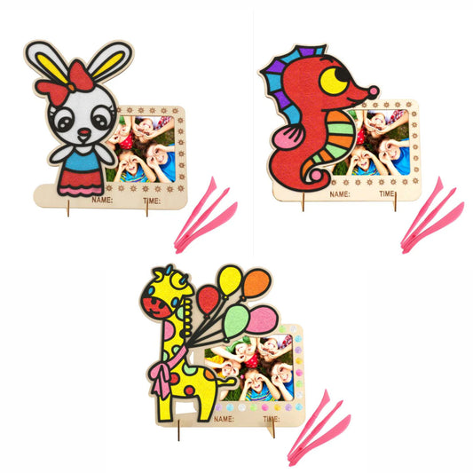 Wooden Foam Clay Art Photo Frame Set: Rabbit, Sea Horse, Giraffe (Set of 3)