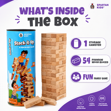 Stack-It-Up Wooden Blocks Game for Kids & Adults, 54 Piece Tumbling Tower, Indoor Family Board Game, Balancing & Building Blocks, Brain Games for Age 6+ Years