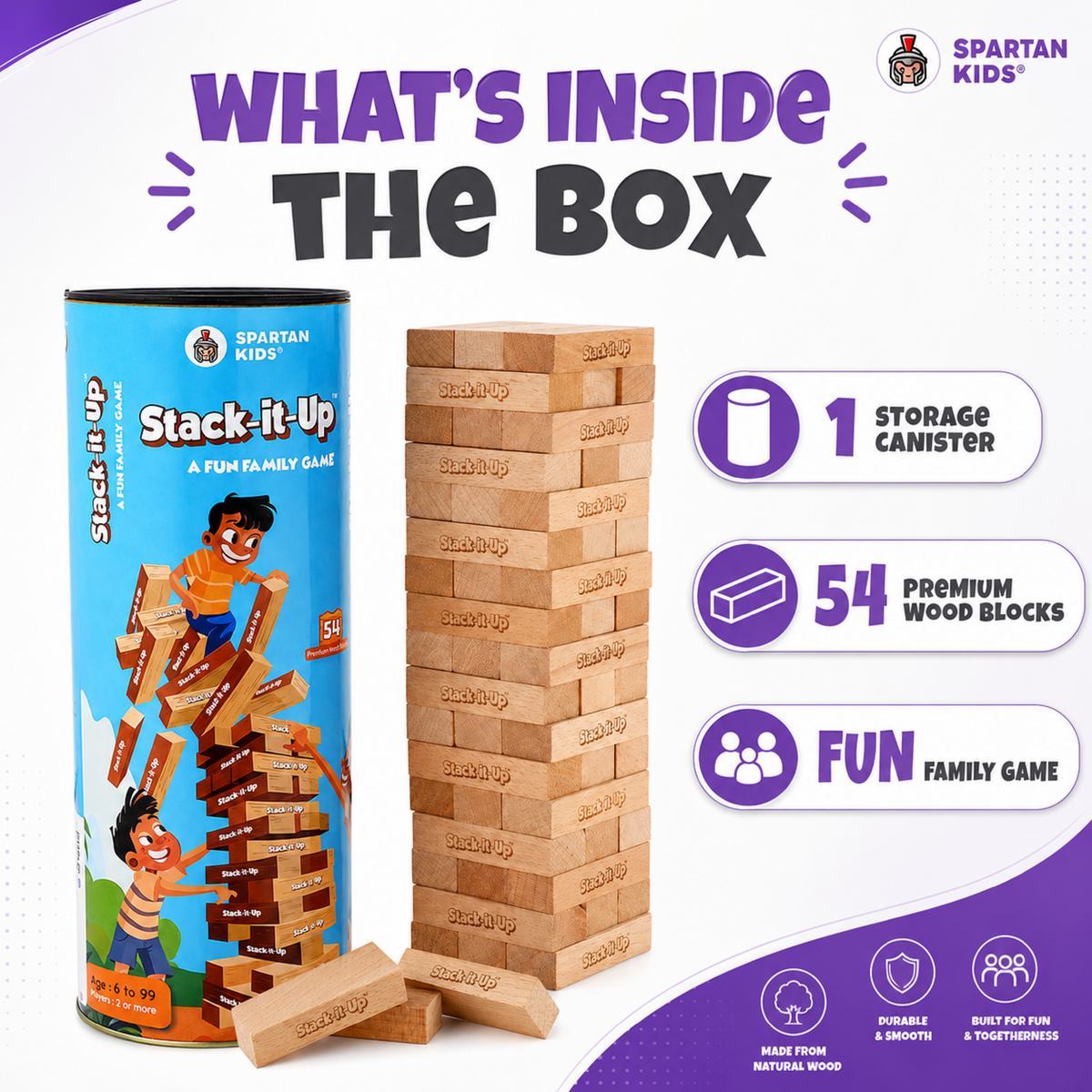 Stack-It-Up Wooden Blocks Game for Kids & Adults, 54 Piece Tumbling Tower, Indoor Family Board Game, Balancing & Building Blocks, Brain Games for Age 6+ Years
