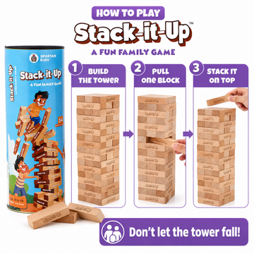 Stack-It-Up Wooden Blocks Game for Kids & Adults, 54 Piece Tumbling Tower, Indoor Family Board Game, Balancing & Building Blocks, Brain Games for Age 6+ Years