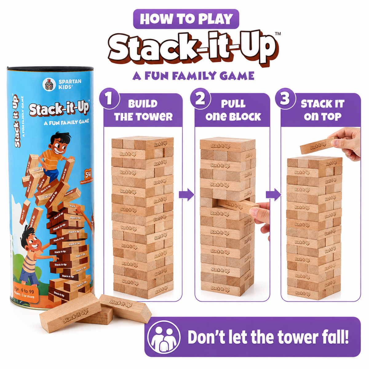 Stack-It-Up Wooden Blocks Game for Kids & Adults, 54 Piece Tumbling Tower, Indoor Family Board Game, Balancing & Building Blocks, Brain Games for Age 6+ Years