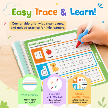 Spartan Kids My First Tracing Book for Kids Age 3+ | Reusable Wipe & Clean Practice Book with Marker | Learn Letters, Numbers, Shapes & Lines | Early Learning & Handwriting Activity Book for Preschoolers