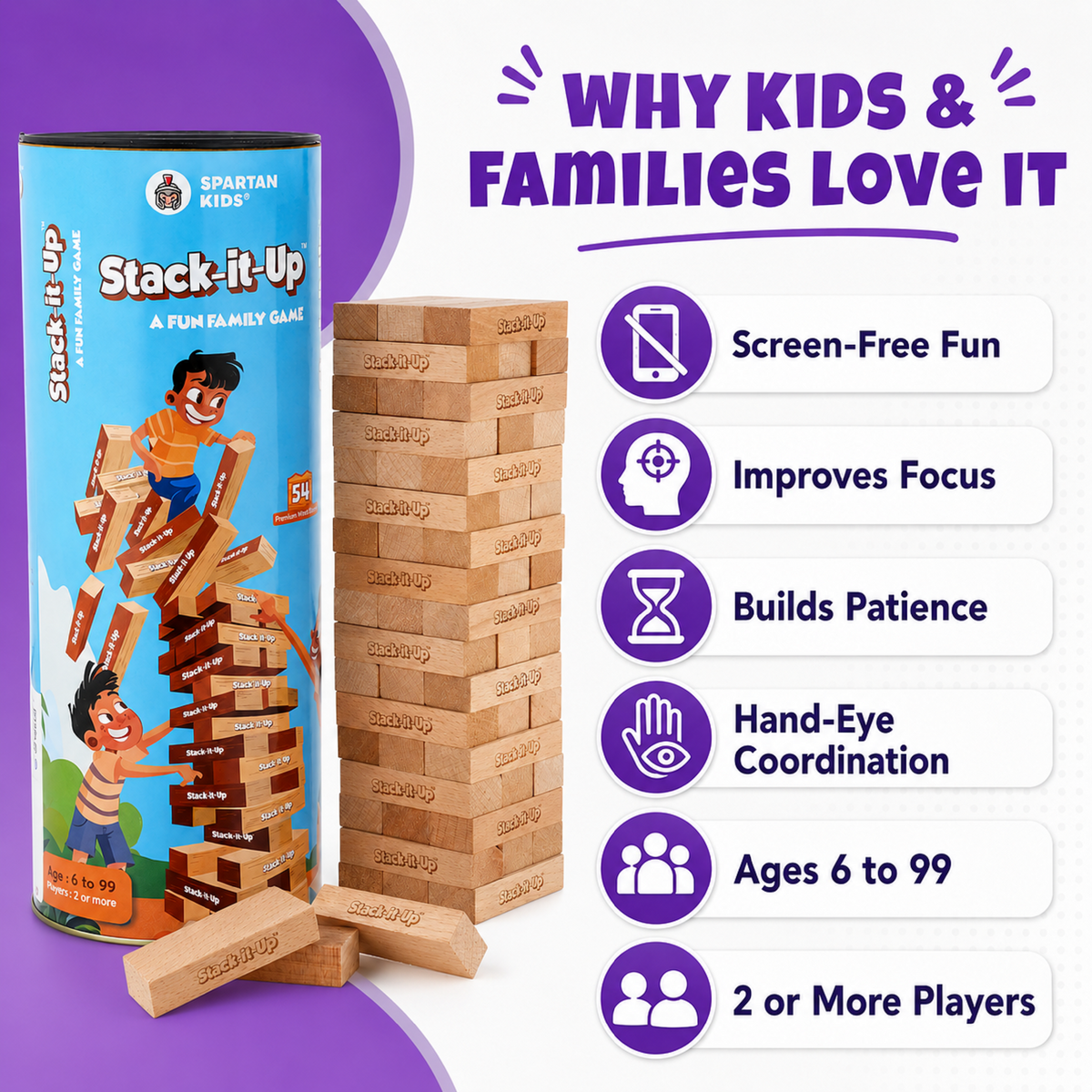 Stack-It-Up Wooden Blocks Game for Kids & Adults, 54 Piece Tumbling Tower, Indoor Family Board Game, Balancing & Building Blocks, Brain Games for Age 6+ Years