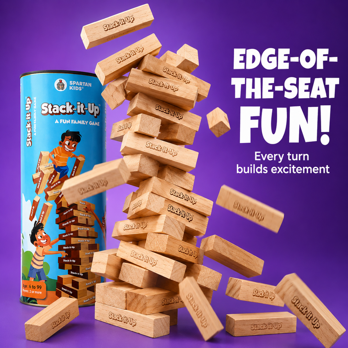 Stack-It-Up Wooden Blocks Game for Kids & Adults, 54 Piece Tumbling Tower, Indoor Family Board Game, Balancing & Building Blocks, Brain Games for Age 6+ Years
