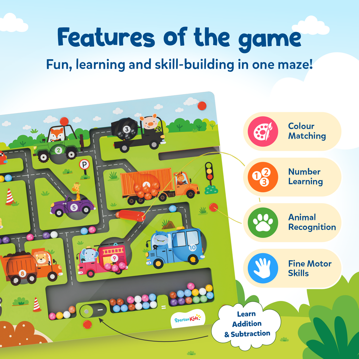 Animals & Vehicles Magnetic Maze | Magnetic Pen Bead Maze with Animals, Vehicles & Math Challenges | Builds Fine Motor Skills & Early Learning | No-Mess Activity Toy