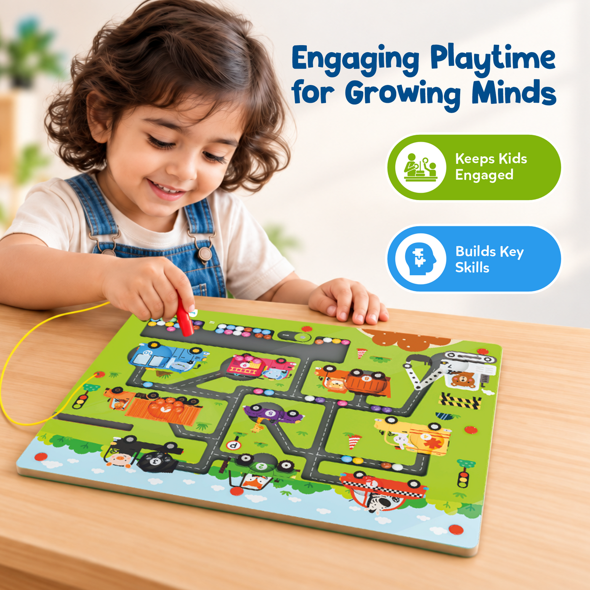 Animals & Vehicles Magnetic Maze | Magnetic Pen Bead Maze with Animals, Vehicles & Math Challenges | Builds Fine Motor Skills & Early Learning | No-Mess Activity Toy