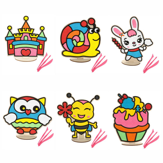 DIY Foam Clay Art Kit: Wooden Snail, Rabbit, Cupcake, Bee, Owl, Castle Board with Stand (Set of 6)