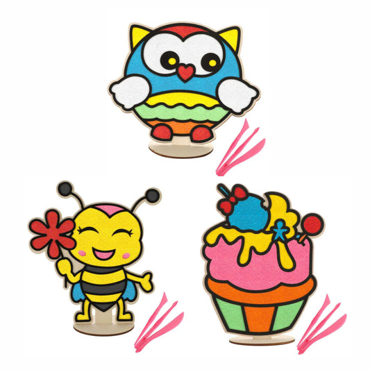 DIY Foam Clay Art Kit: Wooden Owl, Bee, Cupcake Board with Stand (Set of 3)