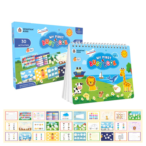 Spartan Kids My First Busy Book, 30 Montessori Learning Activities, Wipe and Clean Sheets, 100+ Reusable Stickers, for Toddlers