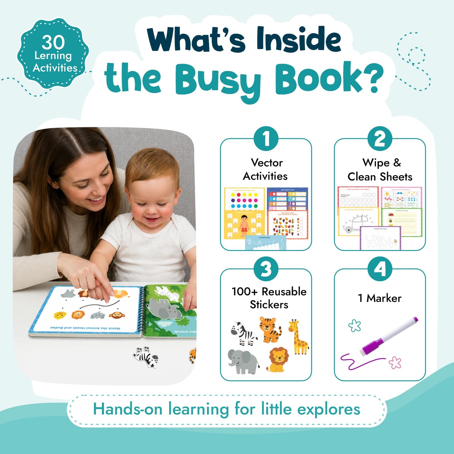 Spartan Kids My First Busy Book, 30 Montessori Learning Activities, Wipe and Clean Sheets, 100+ Reusable Stickers, for Toddlers