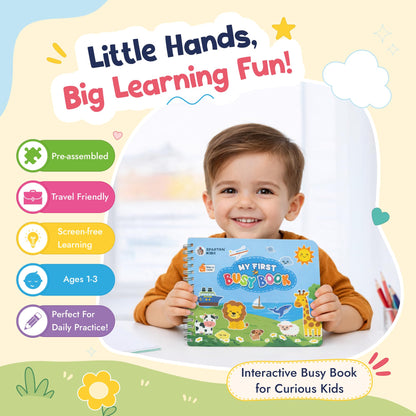 Spartan Kids My First Busy Book, 30 Montessori Learning Activities, Wipe and Clean Sheets, 100+ Reusable Stickers, for Toddlers