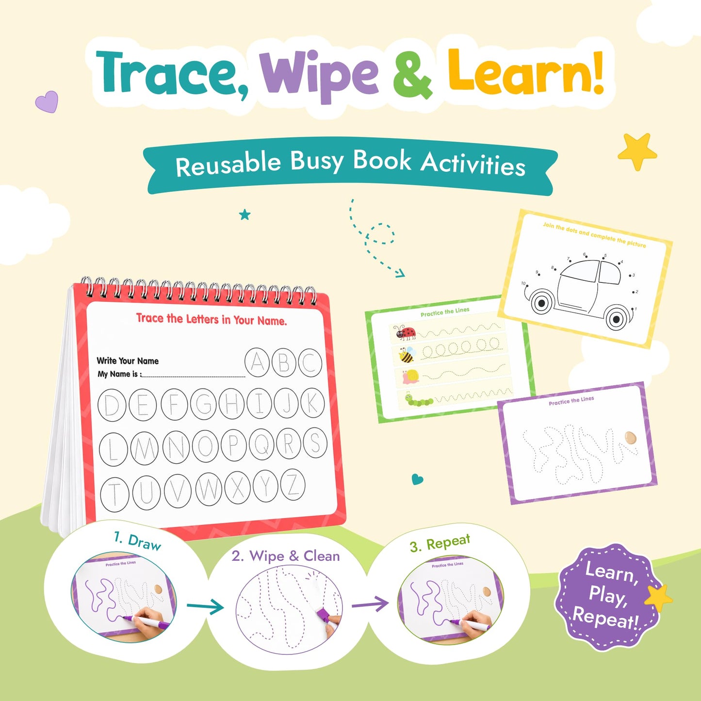 Spartan Kids My First Busy Book, 30 Montessori Learning Activities, Wipe and Clean Sheets, 100+ Reusable Stickers, for Toddlers